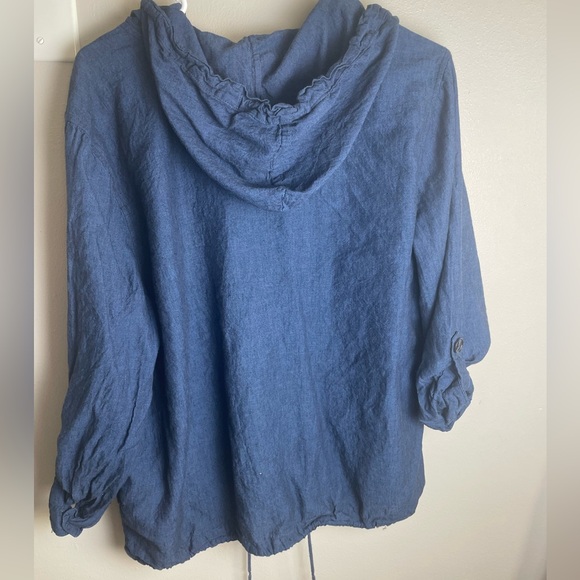 Liz Claiborne Navy Button Up Hooded Jacket Lightweight Linen/ Cotton - Picture 3 of 12